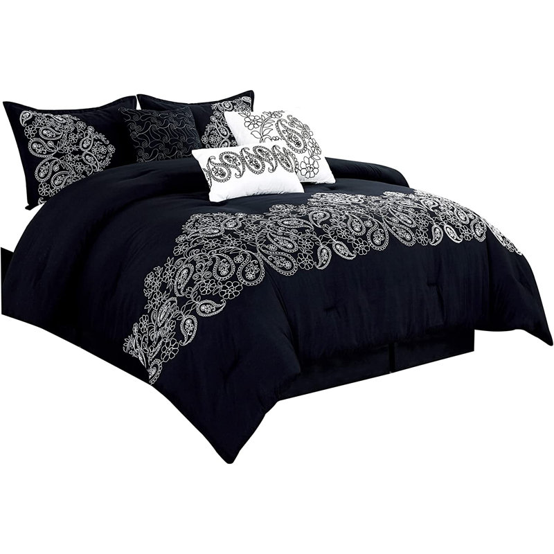 7 Piece Paisley Embroidered  Comforter Set, California King Comforter + 2 King Shams, Black