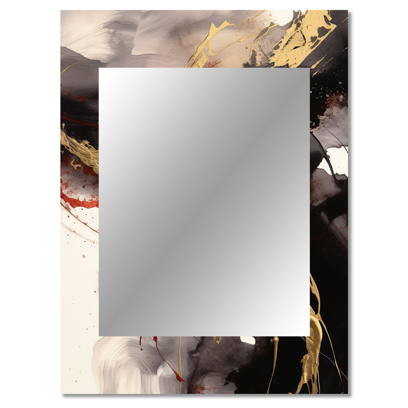 Or et rouge fluides fusion II - miroir unique abstrait, grand miroir mural doré, impression sur métal, 40 po x 30 po