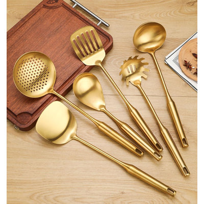 7-Piece Stainless Steel Cooking Utensils Set With Rotating Holder - Professional Grade Gold Kitchen Tools Including Spatula, Ladle, Pasta Server & Essential Accessories
