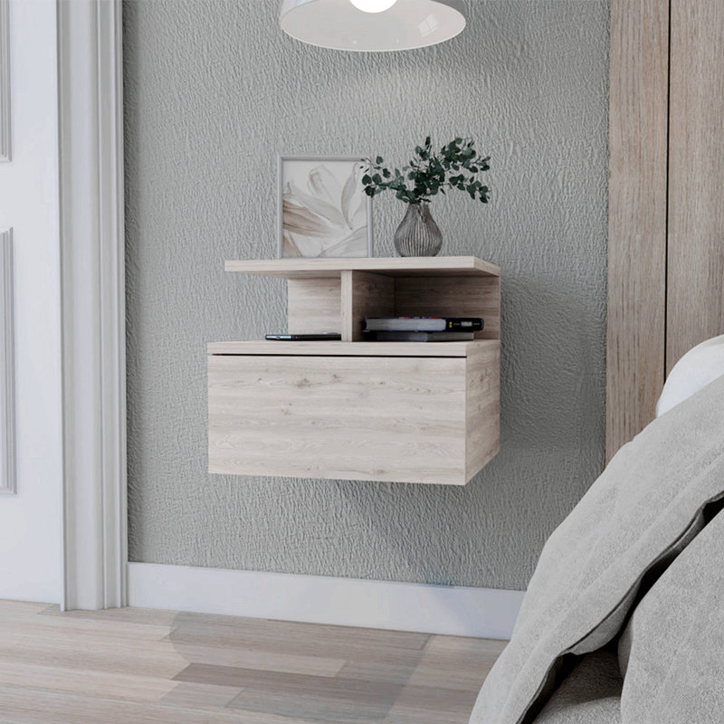 Macadamia 2-Tier Floating Nightstand With Shelf – Stylish And Functional Bedside Table, Light Gray