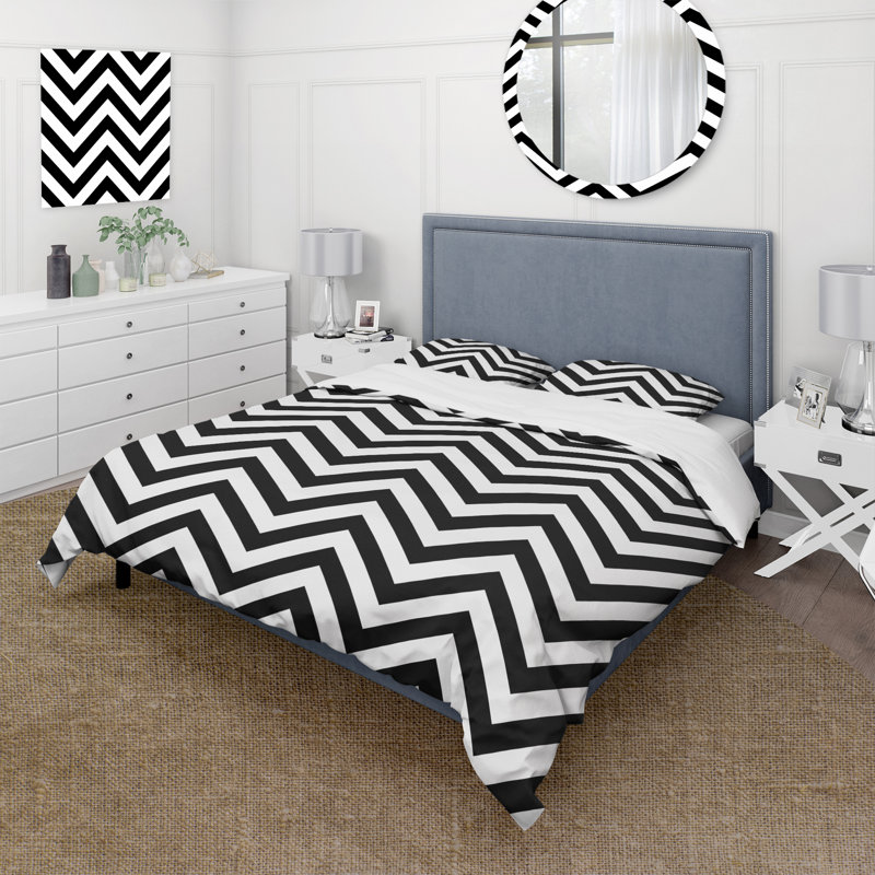 Ensemble de housse de couette à motif de chevrons blanc et noir II, Housse de couette pour grand lit et 2 taies décor