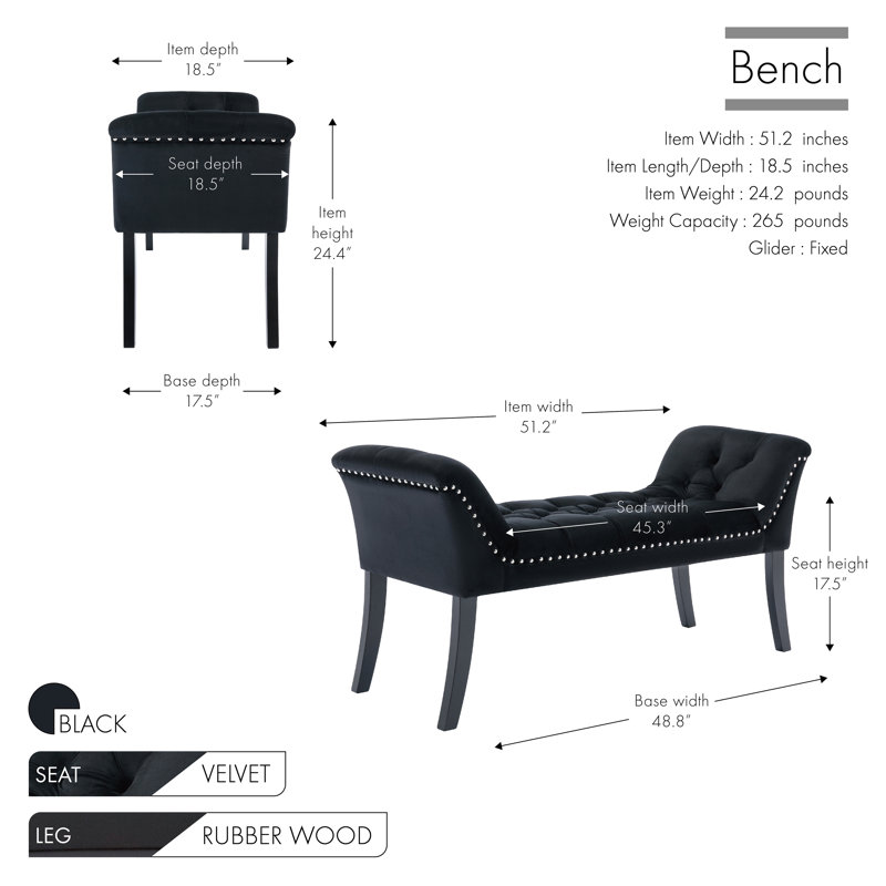 Velvet Upholstered Bench, Black
