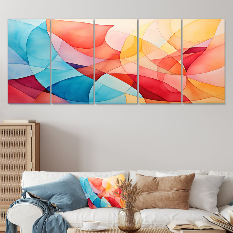 Mid-Century Pastel Color Collages II - Ensemble abstrait d'art géométrique mural 5 pièces, H 28 po x l 60 po