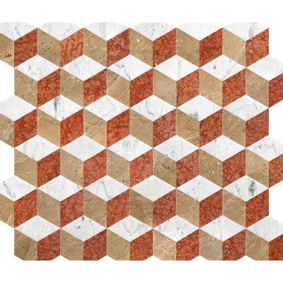 Hexagon Water - Carreaux de marbre jet en or blanc rouge, naturel et poli pour plancher de projet commercial, 12 pièces par boîte, quatre motifs de face,