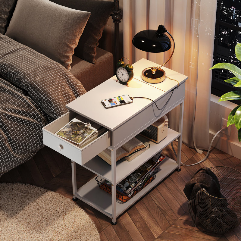 Reggis 24'' End Table with Power Outlets & USB, Side Table with Drawer and 2 Shelves, Farmhouse Side Table for Small Spaces, End Table With Drawer For Living Room, Bedroom