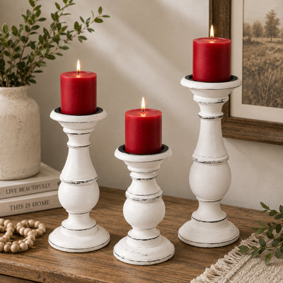 White Antique Mango Wood Candle Holder Set of 3