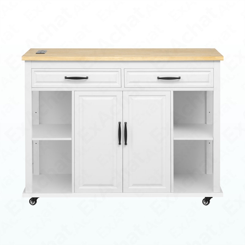 Îlot de cuisine de 47 po avec table de salle à manger extensible, table de cuisine en placage de bois d'hévéa avec support de rangement interne, prise de courant, îlot de cuisine avec rangement 2 tiroirs et 2 armoires, blanc