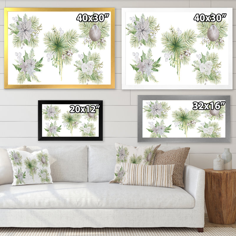 Bouquet floral de Noël avec coton, branches III - peinture sur toile, H 16 po x l 32 po, Toile avec cadre de coin noir fermé