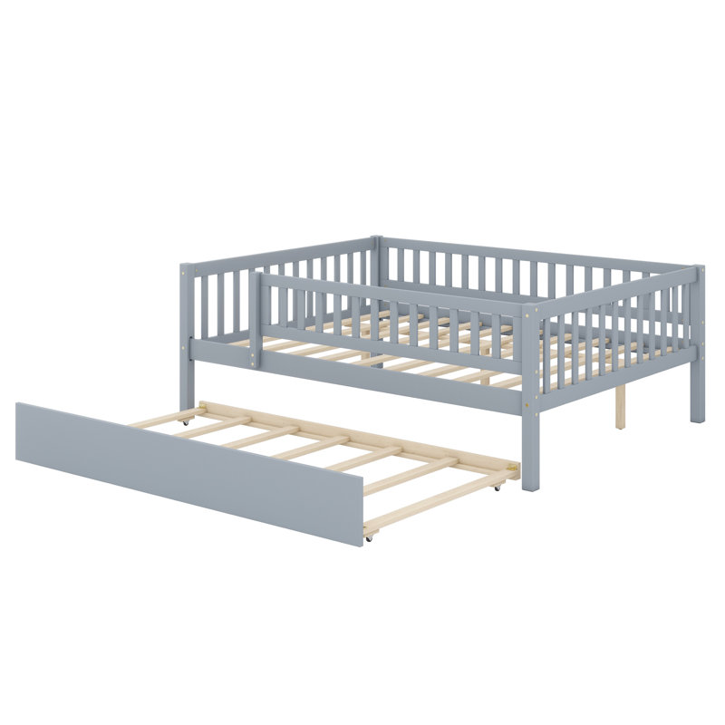 Wood Daybed with Trundle and Fence Guardrails, Gray, Full