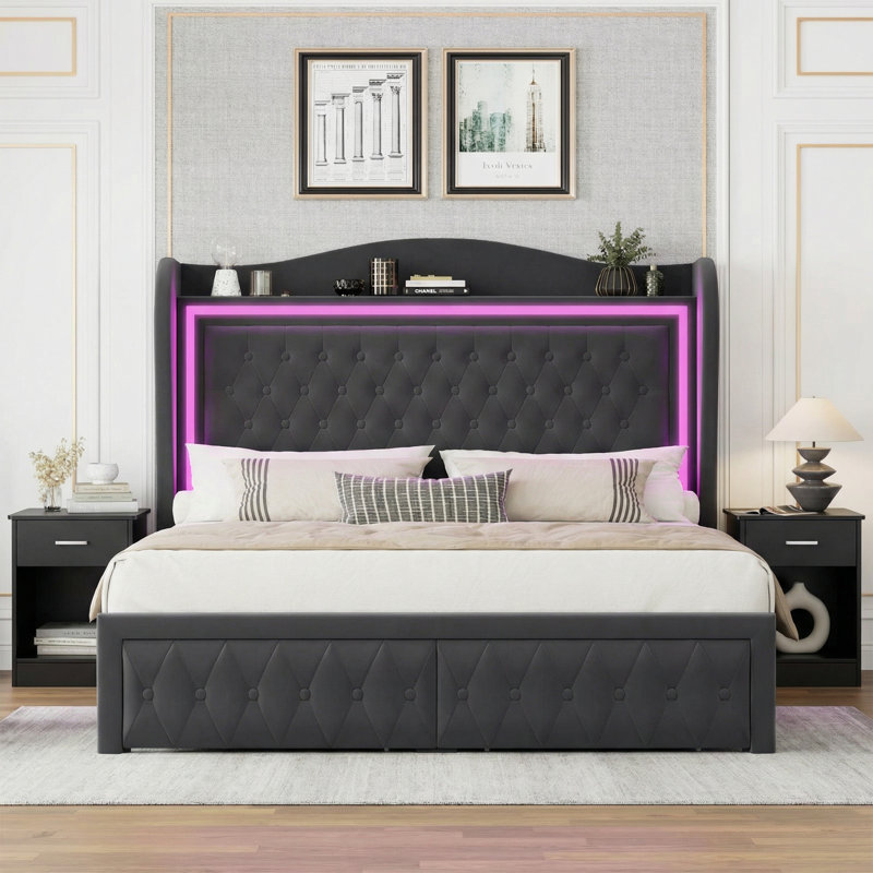 Ensemble de chambre à coucher 3 pièces, lit plateforme tapissier en velours avec éclairage à DEL et 2 tiroirs de rangement sous le lit, 2 tables de chevet avec tiroirs