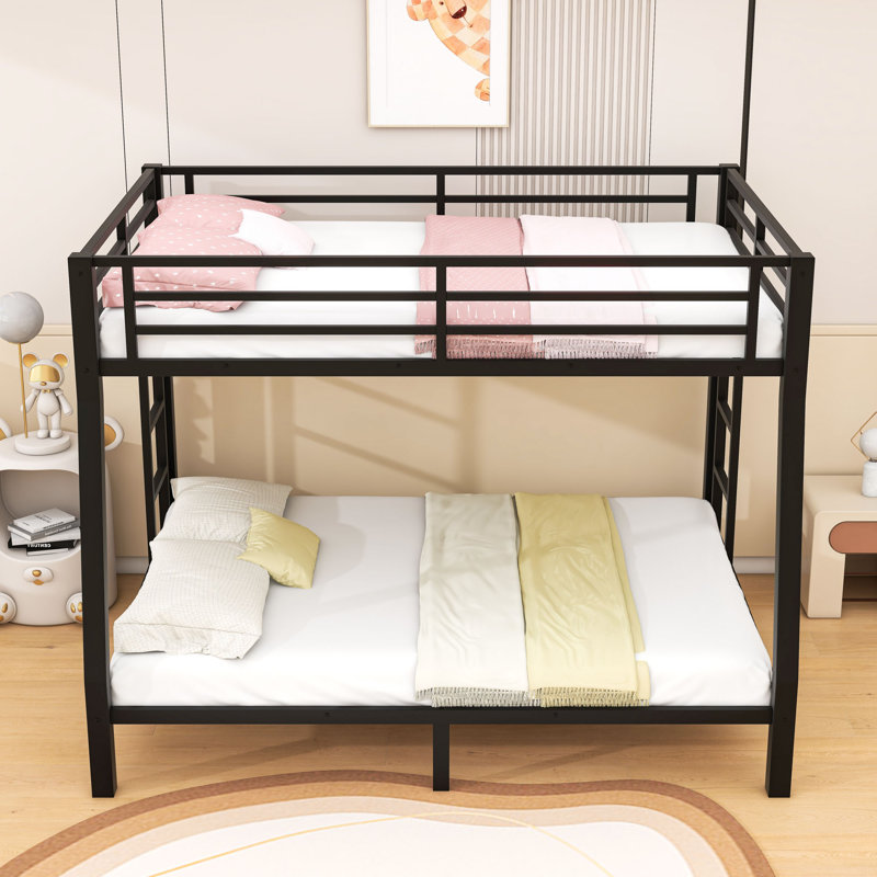 Metal Bunk Bed With Dual Side Ladders And Guardrail, Full XL Over Queen