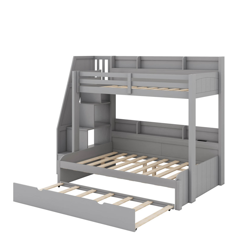 Twin Over Full Bunk Bed With Trundle & Storage Staircase, Full-Length Safety Rails, Storage Units & USB Ports, Gray