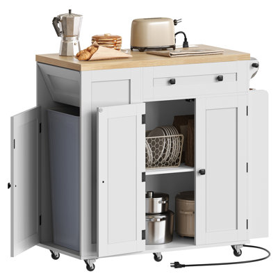 Kamey 35.4" Farmhouse Kitchen Island with Trash Cabinet and Charging Station by Winston Porter