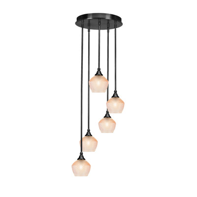 Luminaire suspendu suspendu en grappe 5 lumières Empire au fini noir mat avec verre texturé ambre de 6 po
