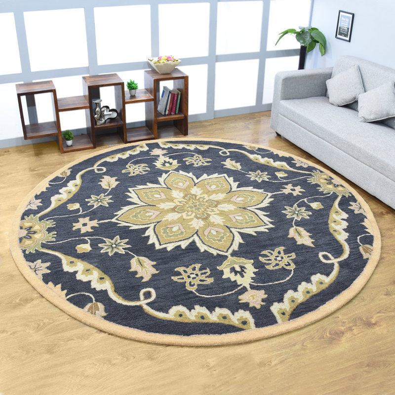 Calliann Hand Tufted Wool Eco-Friendly Area Rugs - Round, Charcoal Color, Oriental Design, High Pile Thick Handmade Anti Skid Area Rugs for Living Room, Bed Room