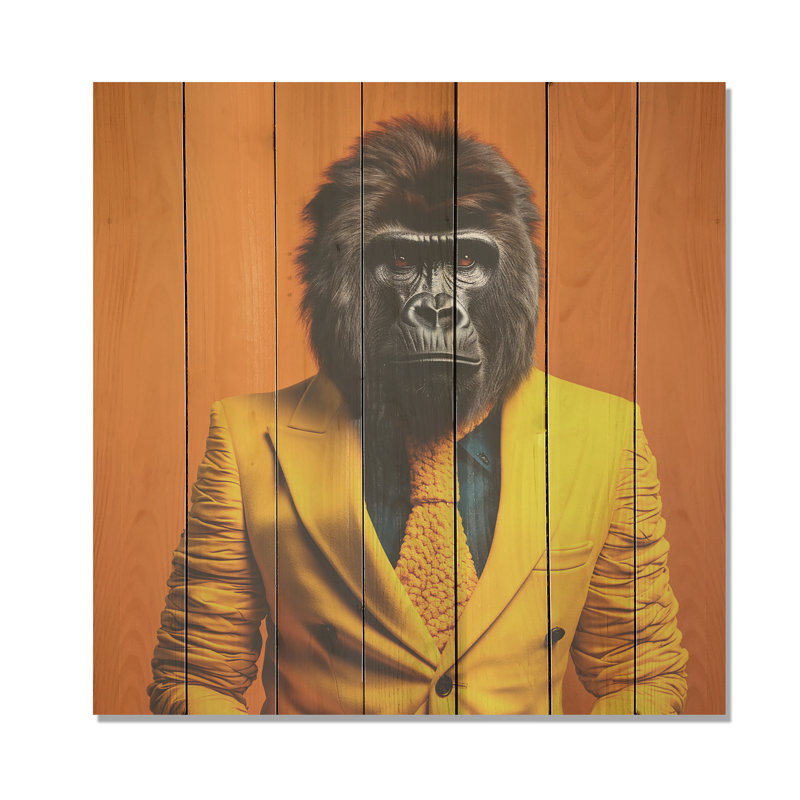 Gorille jaune en costume II - gorille sur bois, H 36 po x l 36 po