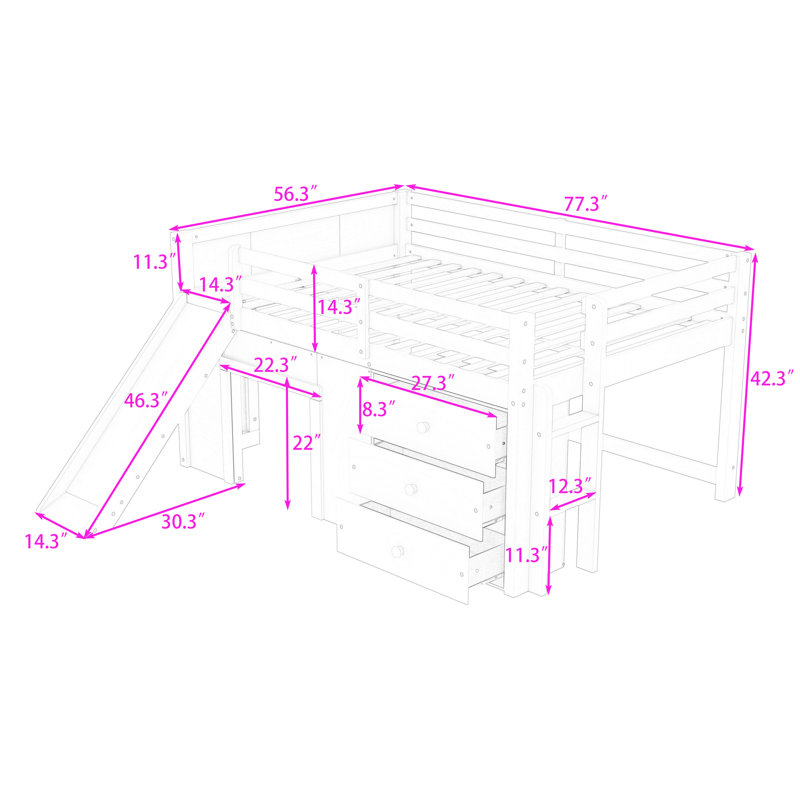 Lit mezzanine bas 3 tiroirs avec glissière, Blanc