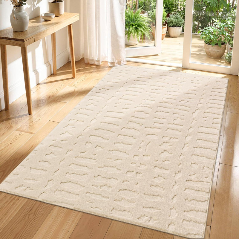 Tapis ivoire moderne en velours moelleux et moelleux, Rectangulaire 3 pi x 5 pi