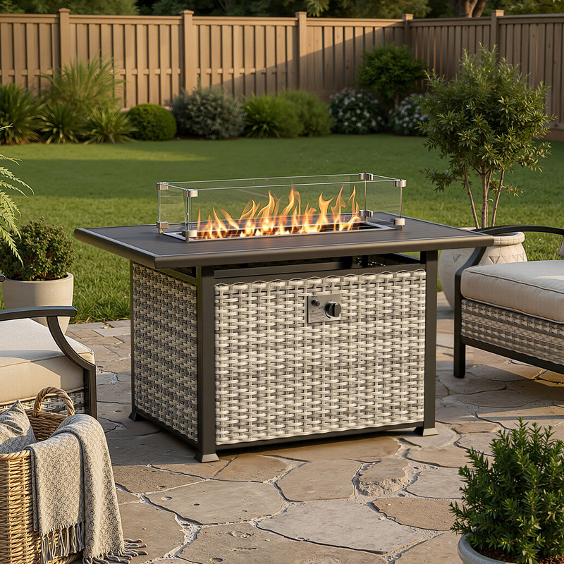 43.3'' Outdoor Propane Fire Pit Table, 55,000 BTU, Aluminum Tabletop & All-Weather HDPE Wicker Base, Includes Tempered Glass Wind Guard