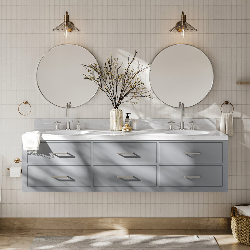 Meuble-lavabo double 72,25 po avec plateau en quartz Macmullin, Gris, 72"