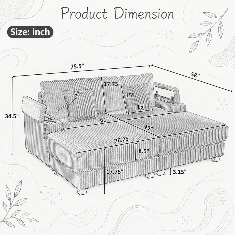 Canapé moderne avec méridienne 75,5 po Canapé-lit avec dossier réglable, porte-gobelets, porte-téléphone et compartiments de rangement pour le salon, vert