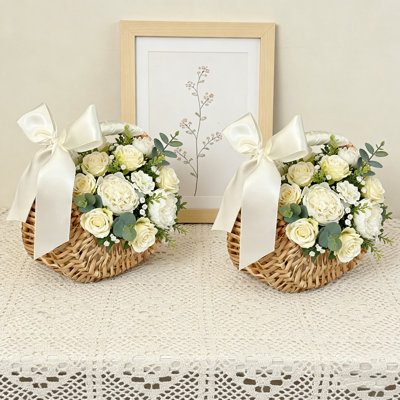 2 paniers décoratifs avec poignée et ruban à nœuds, panier à fleurs en osier rustique, panier décoratif pour mariage, Noël, nouvel an et fête