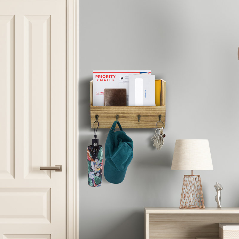 Sorbus Key Holder With Shelf For Mail, Rustic Wooden Key Rack, Mail Holder For Wall, Entryway Key Hangers, Decorative Necessities (Maple)