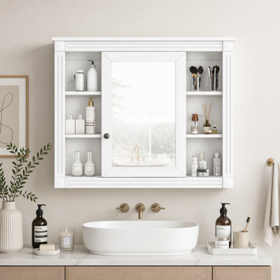 Armoire de toilette murale avec miroir, rangement et étagères ouvertes