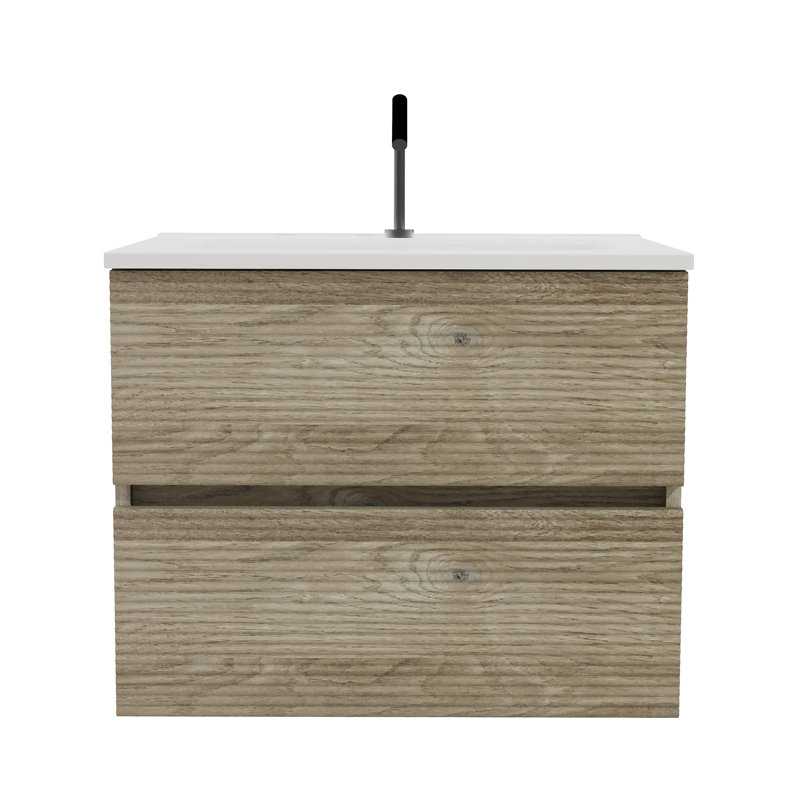 Meuble-lavabo mural 24 po en chêne brut avec lavabo intégré en céramique avec trop-plein, grand meuble-lavabo flottant de rangement pour salle de bain moderne, pré-assemblé