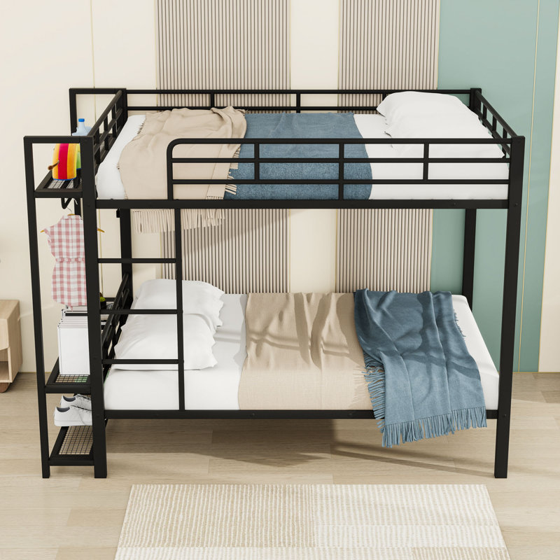 Full Over Full Metal Bunk Bed With Shelves And LED Lights Ladder, Black