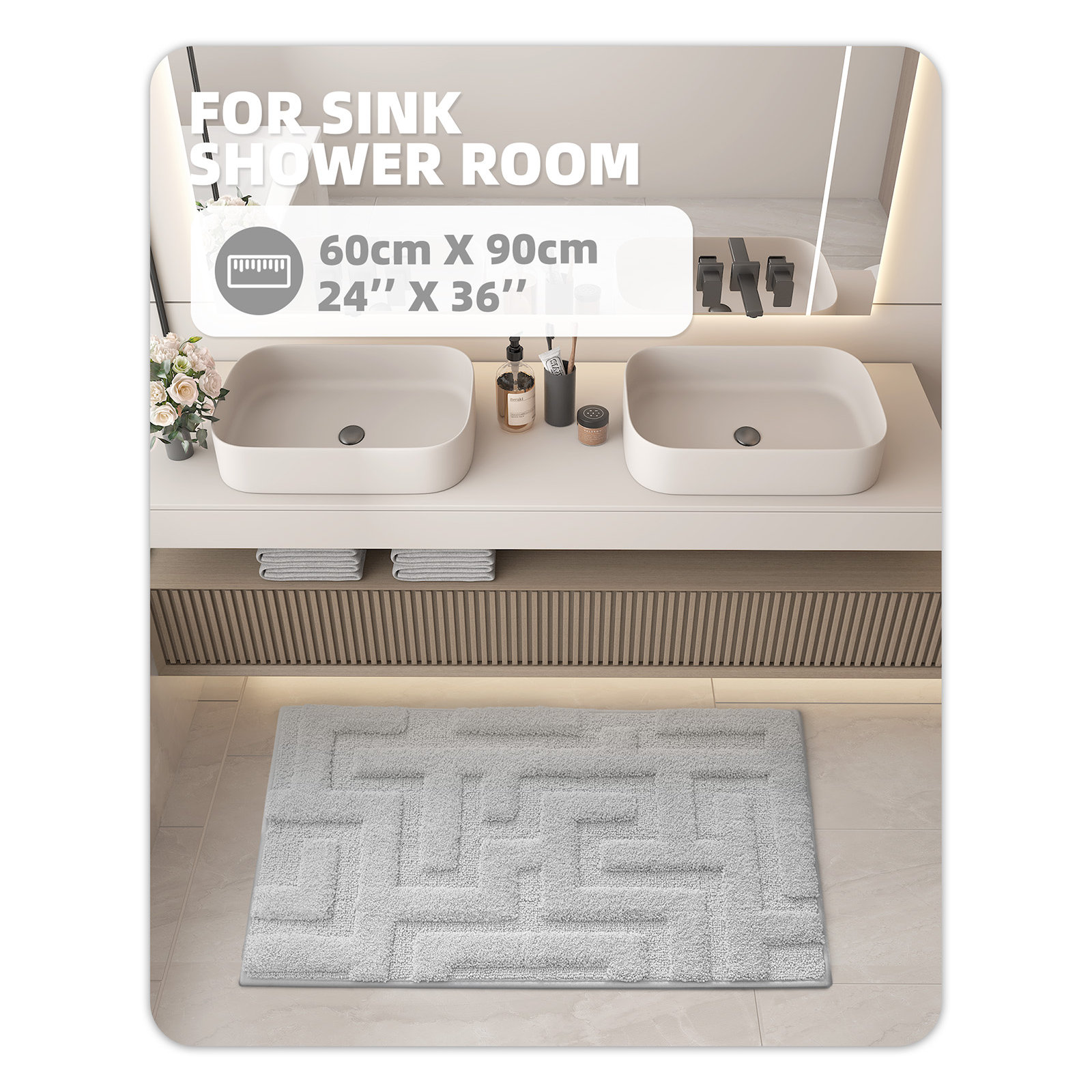 Non-Slip Bath Rug, 24" L x 36" W, Gray