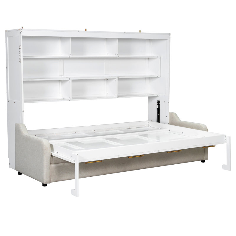 Murphy Cabinet Bed With Folding Sofa,Built-In Storage Shelves And LED Light