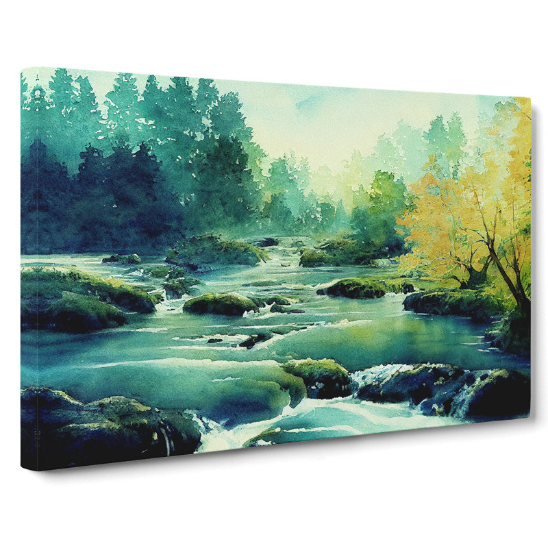 Forest Stream In Watercolour - Wrapped Canvas Print, 35cm H x 50cm W x 3cm D