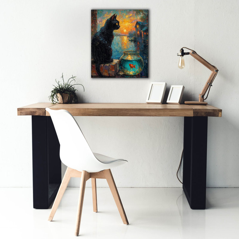 «Black Cat And Goldfish 1» par Momart, art mural sur toile, H 24 po x l 20 po x P 0,75 po