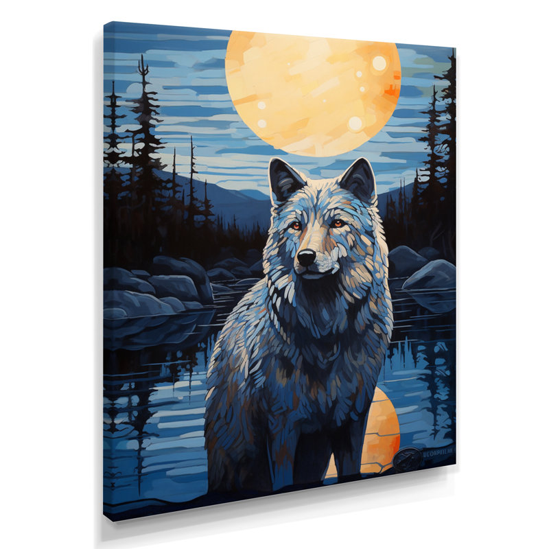 Loup blanc sous la pleine lune par Forest River - loup, art mural, H 20 po x l 12 po x P 1 po, Toile tendue