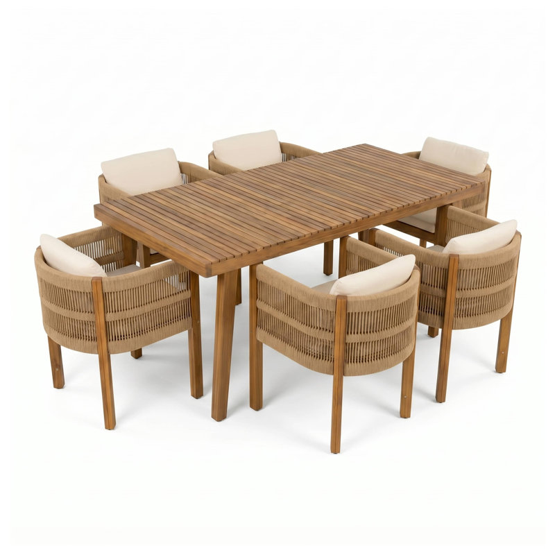 Ensemble repas d'extérieur 7 pièces avec table en bois d'acacia brun et 6 chaises à dossier en corde, coussins beiges inclus