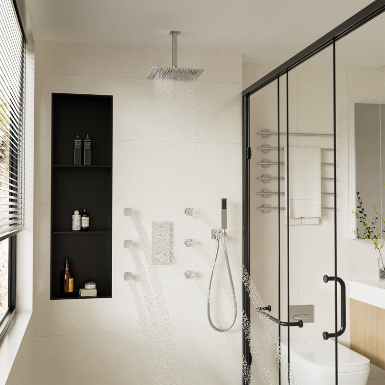 3 Functions 12 Inch Ceiling Mounted Thermostatic Shower System with 6 Body Jets