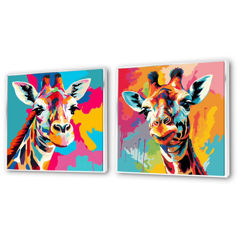 Portrait de girafe coloré I, Cadre flottant blanc, H 16 po x l 33 po x P 1 po