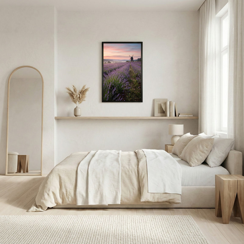 Art sur toile, champ de lavande mauve et moulin à vent sous un ciel rose, 24"H x 16"W