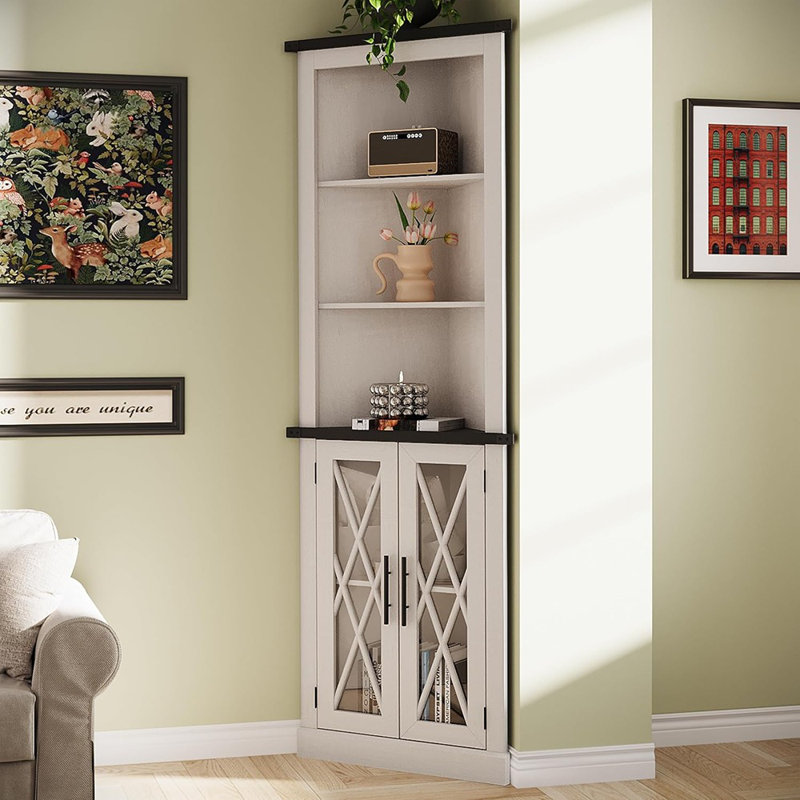 Grande vitrine de coin moderne, unité de rangement à 5 niveaux avec portes en verre et tablettes réglables, finition blanche rétro pour la maison