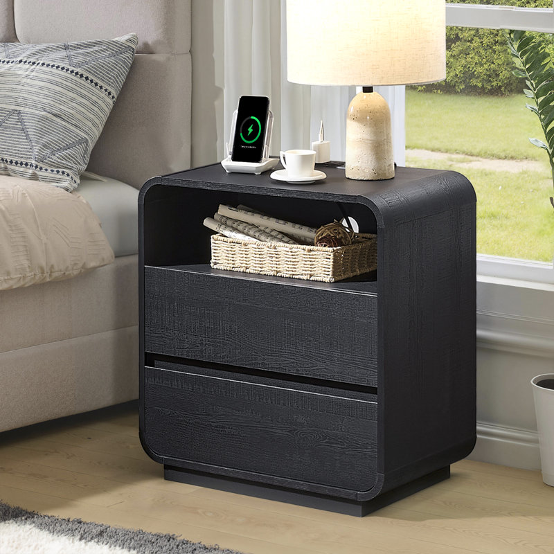 25" H Wood Nightstand Set of 2, Black End Table with Charging Station & 2 Drawers, Curved Side Table, Black, Set of 2