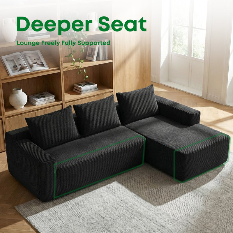 Canapé modulaire 105 po avec méridienne en L 105 po, canapé modulaire moderne avec assise profonde, fauteuils rembourrés pour la chambre à coucher du salon, aucun assemblage requis, (tissu en velours côtelé moelleux), faisant face à la droite noire