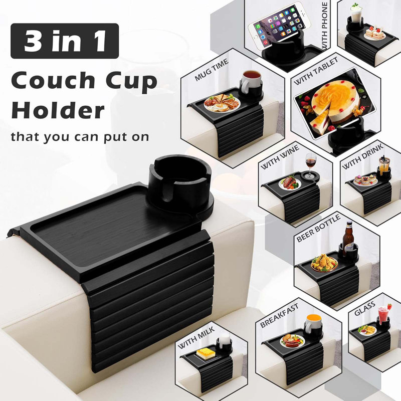 Couch Cup Holder Tray, 3 In 1 Large Couch Arm Table,Bamboo Sofa Clip On Tray Table With 360° Ratated Phone Holder For Couch,Armrest Tray For Drink,Snacks,Remote,Phone