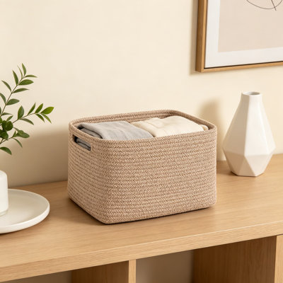 4 Pack Storage Baskets For Organizing, Cube Storage Bins For Shelves, Rectangle Baskets With Handles, Woven Cotton Rope Baskets