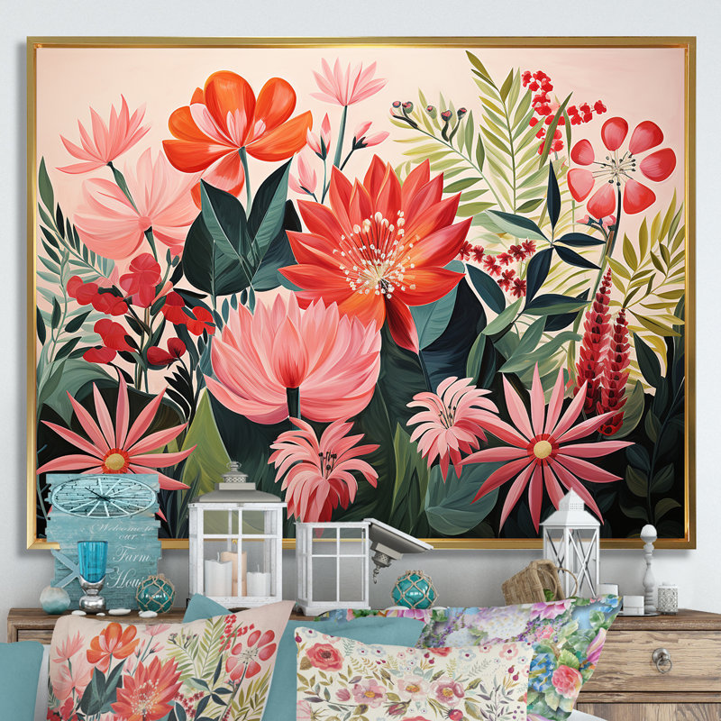 Motif floral rose de la jungle tropicale III - art mural floral, Cadre flottant doré, H 16 po x l 32 po x P 1 po