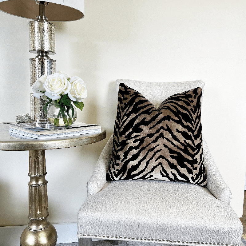 Velvet Zebra Print Throw Pillow Cover, 22"H x 22"W, Black/Brown Animal Print