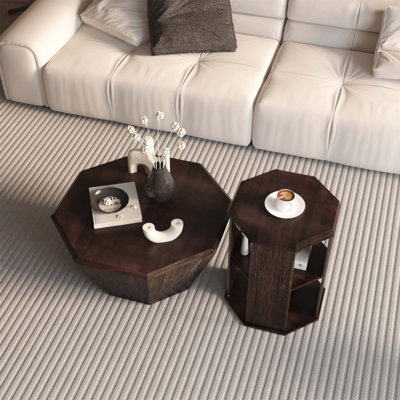 Octagonal Walnut Rubber Wood Coffee Table Set, Perfect for Modern and Classic Living Room Decor