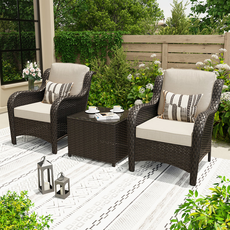 Ensemble de conversation en osier / rotin pour 2 personnes avec coussins, Structure brune / coussin beige