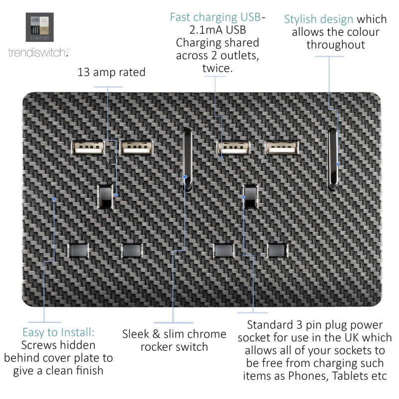 Trendi Switch 2 Gang 4 Port USB 2100mA Plug Socket