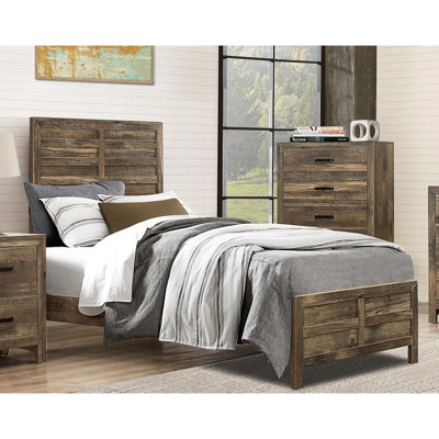 Structure de lit simple de style rustique à motif de lignes modernes, finition en pin vieilli, tête de lit et rails inclus, mobilier de chambre à coucher, sommier essentiel, installation simple avec rails, assemblage rapide